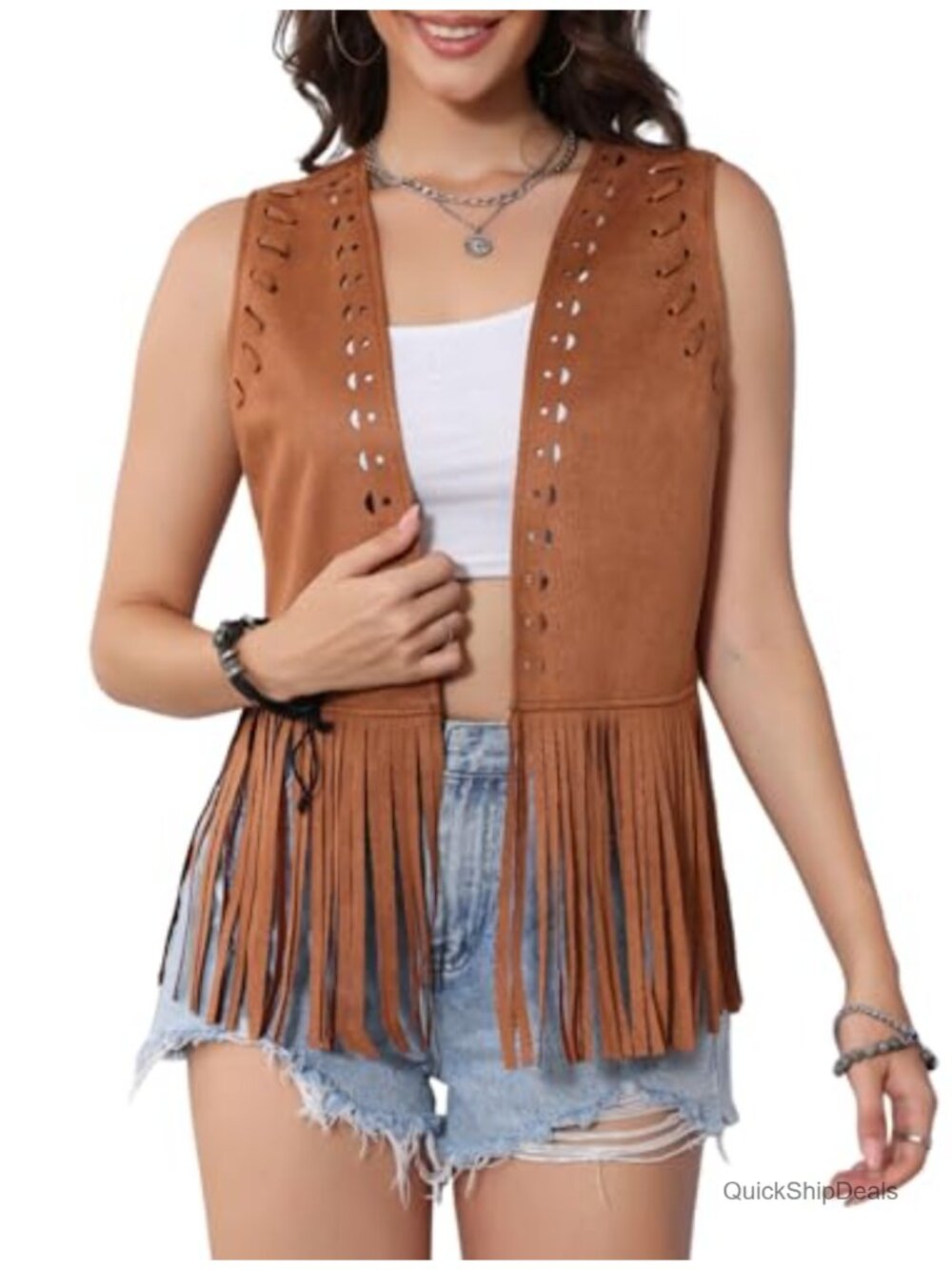 Faux Suede Fringe Vest Western Boho Sleeveless Festival Layering